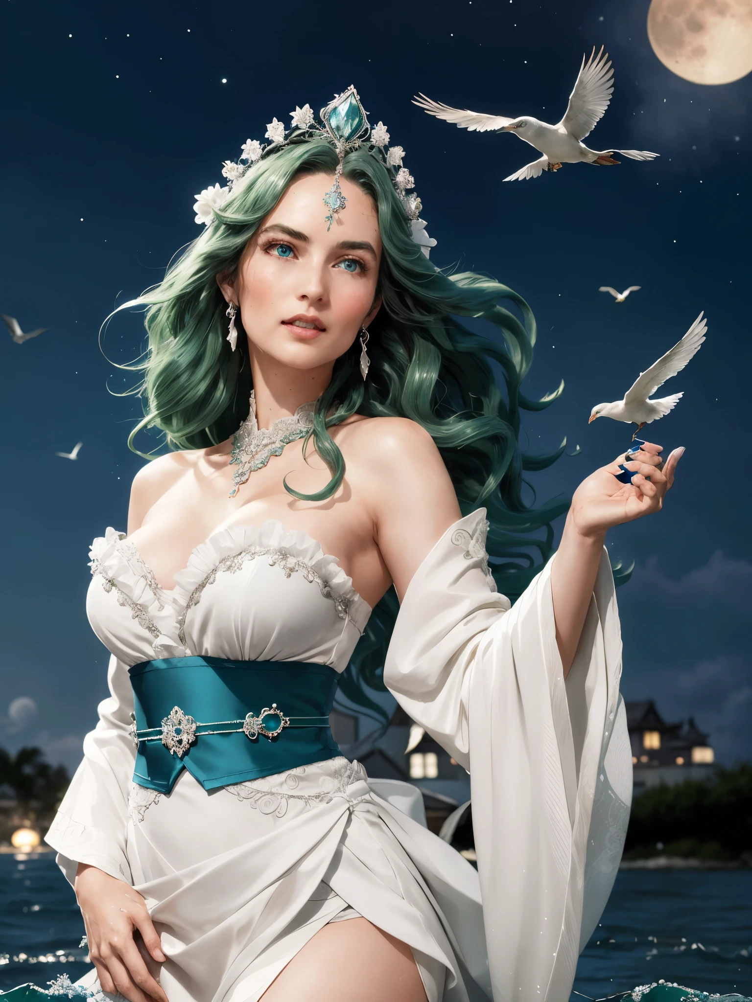 Green hair, very very long wavy hair, hair strands, super details, 1girl, flowy white strapless dress, wide sleeves open kimono, surrounded by high tides, (super moon:1.2), flying birds, water splashing, queen, frills-trimmed, holding luxury glass, intricate luxurious headpiece, blue eyes, victorian era, 