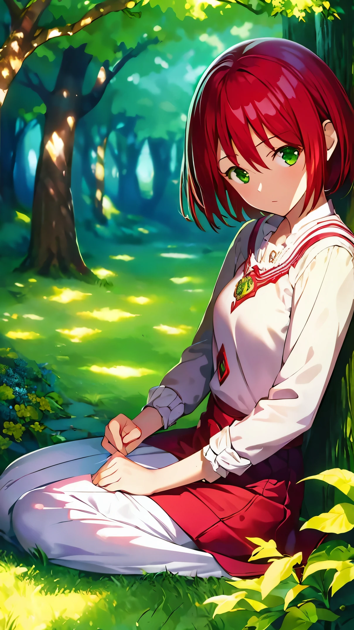 masterpiece, best quality, illustration, 1girl, solo, looking at viewer, , , , , shirayuki-hime, red hair, green eyes, , An enchanted forest where magical creatures and plants abound, High resolution