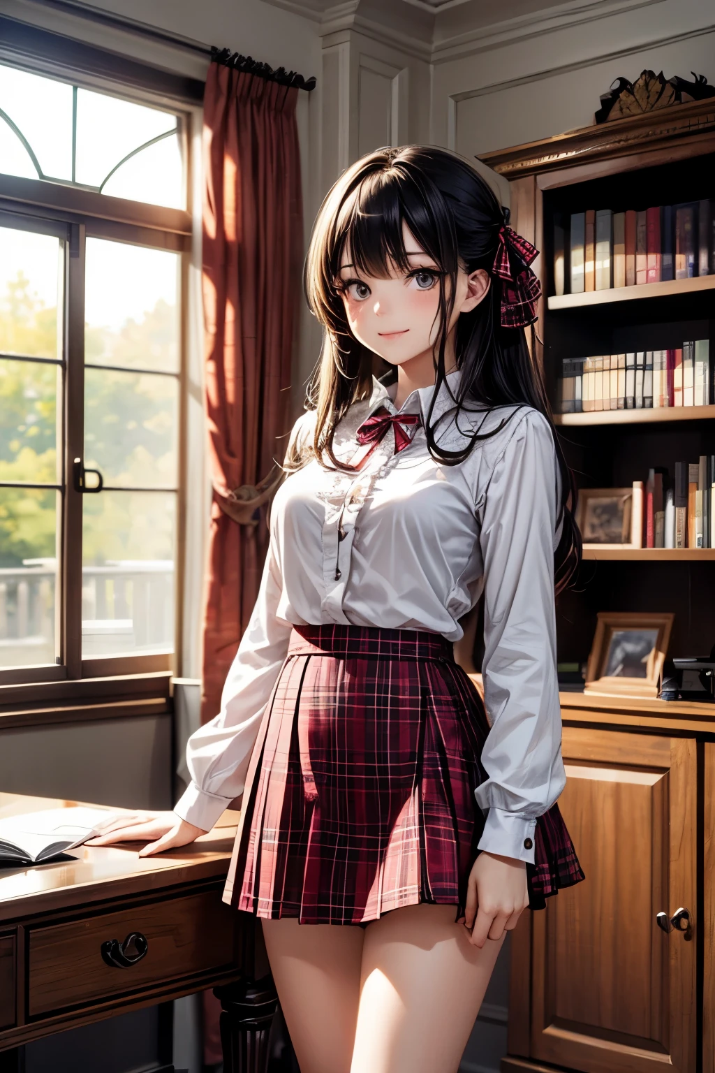 very cute and beautiful girl,(highly detailed beautiful face and eyes:1.2),(smile),blush,cowboy shot,
(white blouse with detailed frills),long sleeve BREAK standing,skirt lift,white panties,
dynamic angle,hair ribbon,black hair,hime cut,(scarlet plaid mini skirt)
BREAK living room,flowers in vase,wooden desk,(bookshelf:0.9),jewelry box,european carpet,distant trees,
(best quality,masterpiece:1.2),(intricate details),extremely detailed,ultra-detailed,highres,solo,
cinematic scene,hair fluttering in the wind,