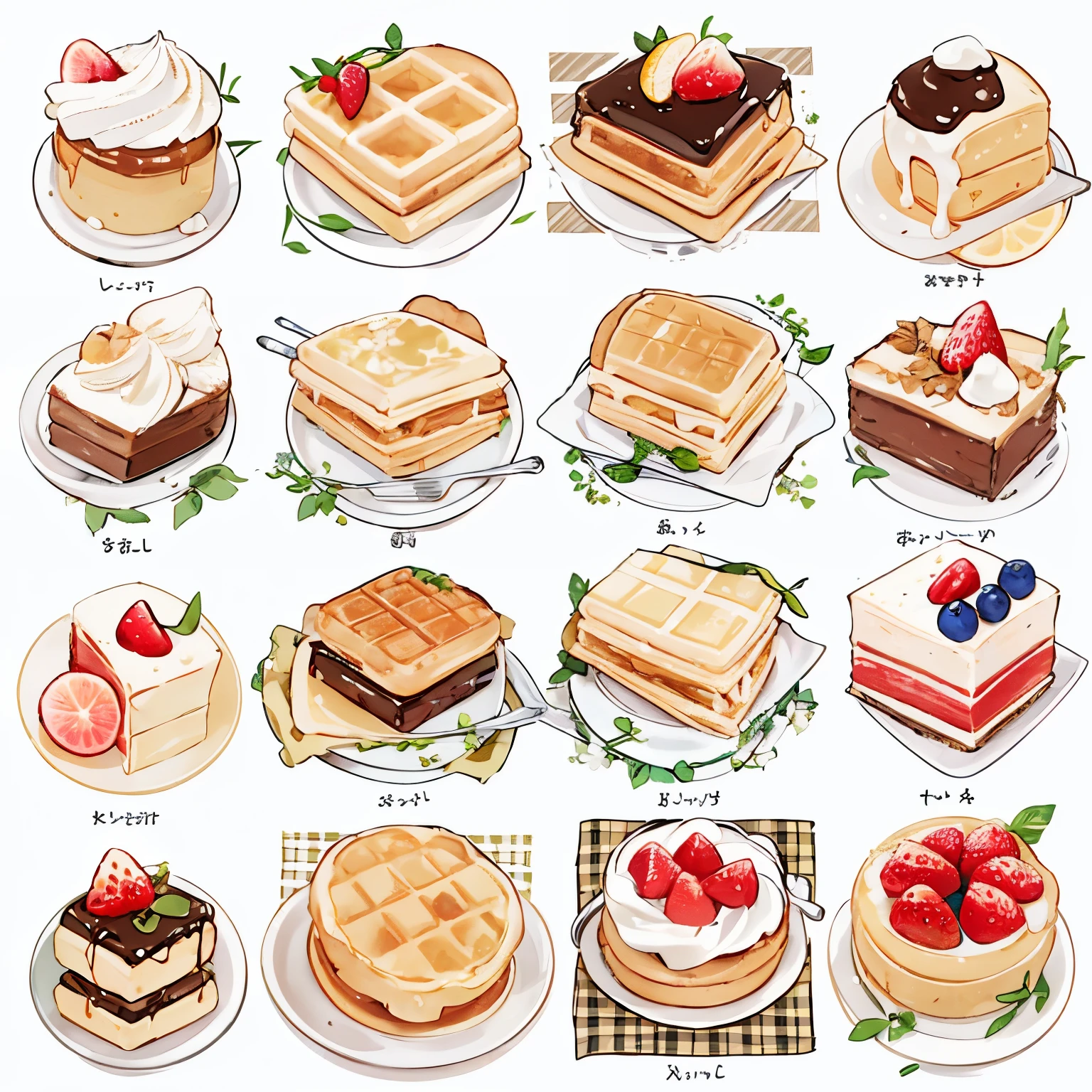 many,[Waffles,Tosts,cake,food,small drinks],many styles,fruity ,sticke r,more toppings,colorful,full view,clear background, piece by piece , icon , pattern , more details