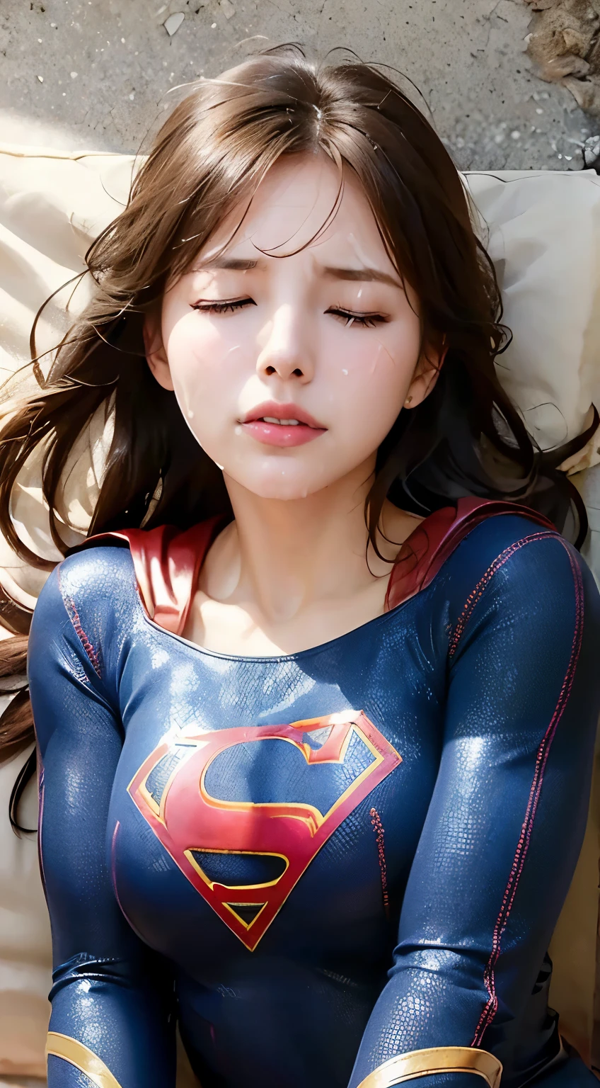 ((perfect anatomy, anatomically correct, super detailed skin))), 1 woman, ((super girl suit, Supergirl Mellissa Benoist)), from front, shiny skin, detailed hair, detailed face, detailed eyes, (long hair:1.5, brunette hair:1.7), natural bangs:1.4, hair between eye, blonde hair, blue eyes, face, lip gloss, beautiful body, normal breasts, beautiful thighs, beautiful legs, camel toe, ((detailed cloth texture, torn clothes, pantyhose, boots)), beautiful scenery, summer, (lying on back:1.4), ((close eyes:1.6)), (unconsciousness), (defeated from fighting), laying on the street, (8k, top quality, masterpiece​:1.2, extremely detailed), (realistic, photorealistic:1.4), beautiful illustration, natural lighting, (semen on forehead:1.2), (semen on hair:1.4),