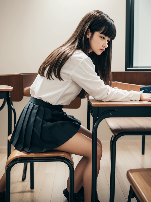((masterPiece, highest quality)),best aesthetics,1 girl, school uniform, machine, sitting, school machine, brown hair, classroom, long hair, indoors, Chair, looking at the viewer, :P, focus only, brown eyes, skirt, long sleeve, Pencil, 1 boy, Pencil case, PaPer, Black Serafuku, multiPle girls, Pleated skirt, sailor collar, bangs, headrest, school bag, school Chair