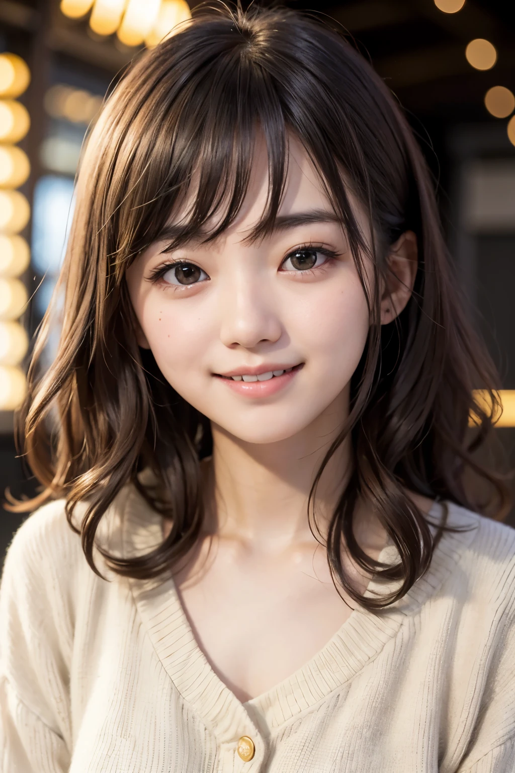 studio lights, depth of field, Upper body, thin and long, cute face, Smile, beautiful details eyes, 19 years old Japanese, beautiful, Fluffy curls,Warm gold, Plaza, casual