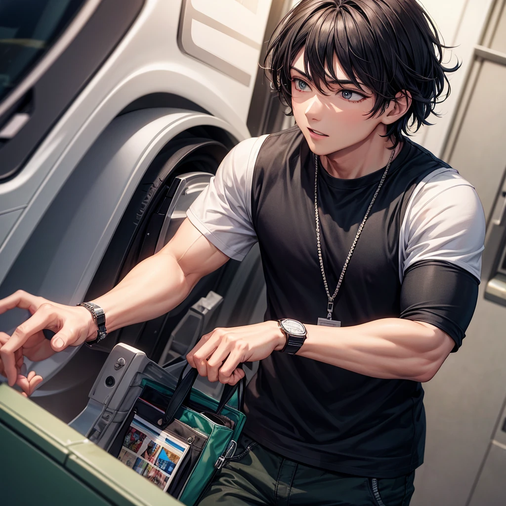Handsome boy medium sized hair black t shirt black pant wearing green watch