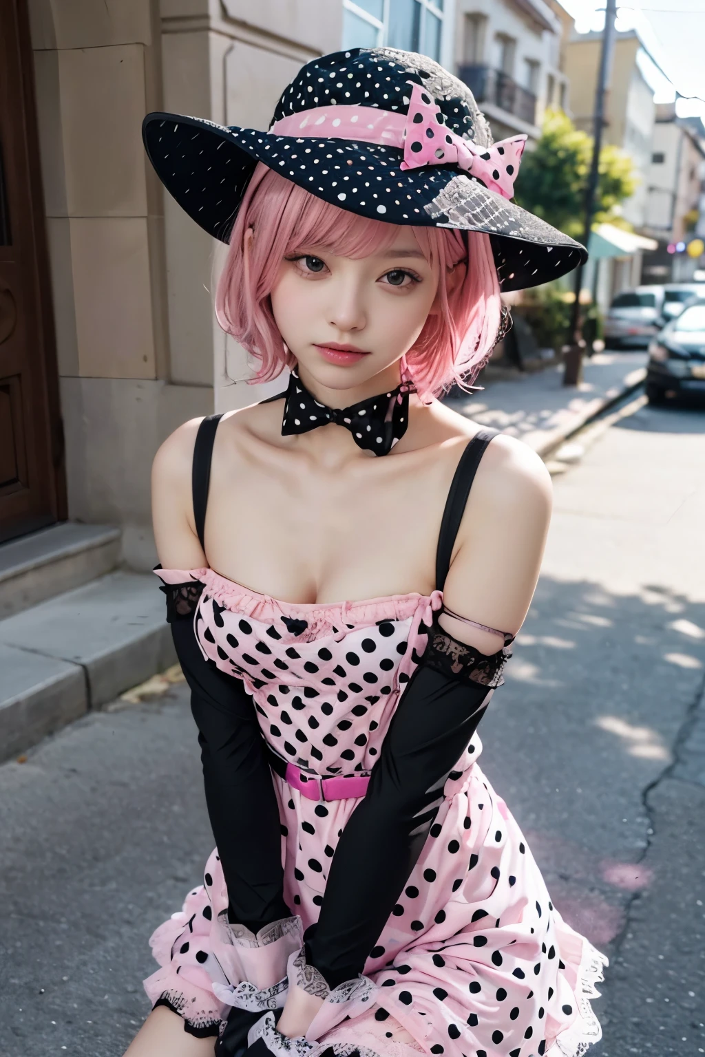 (8K, top-quality, masterpiece:1,2), (reallistic, Photorealsitic:1.37), Super Detail, One girl,), (Highly detailed), (beautifully detailed eyes), (of the highest quality), (super detailed ), (masterpiece), (Detailed face),20yr old, ,1 girl, full body, pink hair,Very short hair, medium breasts, clothed, Perfect Lighting, pussy and breast focus, looking at viewer, aroused face, naughty face, BREAK in gothic ta dress, (wearing (pink:1.2) and (black:0.8) dress with (polka dot pattern:1.2) and lace appliques:1.4), wearing no sleeves and halter neck, wearing short skirt with layers of lace and tulle, (wearing black gloves and pink shoes with straps:1.4),
BREAK (wearing black hat with pink bow:1.3),
BREAK (short pink hair with spikes and bangs