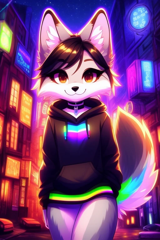 (there&#39;s nothing there), ((masterpiece)), ((highest quality)), figure, furry, Shiba Inu face, animal ears, body hair, 1 girl, alone, black hair, //, brown eyes, //, looking at the viewer, smile, wolf girl, (((woman))),  adult, Rooms and the city, (((night, RGB lights, warm colors, praise))), ((Room with computer)), Screen Light, toned body, choker,  Hoodies and miniskirts, Tomboy clothes, woman clothes, praise 8bits, furry anthropomorphic 狼, furry 狼 nose, ((Light gray fur)), faridal