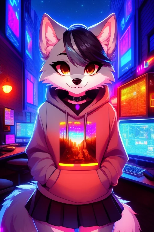 (there&#39;s nothing there), ((masterpiece)), ((highest quality)), figure, furry, Shiba Inu face, animal ears, body hair, 1 girl, alone, black hair, *//*, brown eyes, *//*, looking at the viewer, smile, wolf girl, (((woman))), young adult, Rooms and the city, (((night, RGB lights, warm colors, praise))), ((Room with computer)), Screen Light, toned body, choker,  Hoodies and miniskirts, Tomboy clothes, woman clothes, praise 8bits, furry anthropomorphic 狼, furry 狼 nose, ((Light gray fur)), faridal