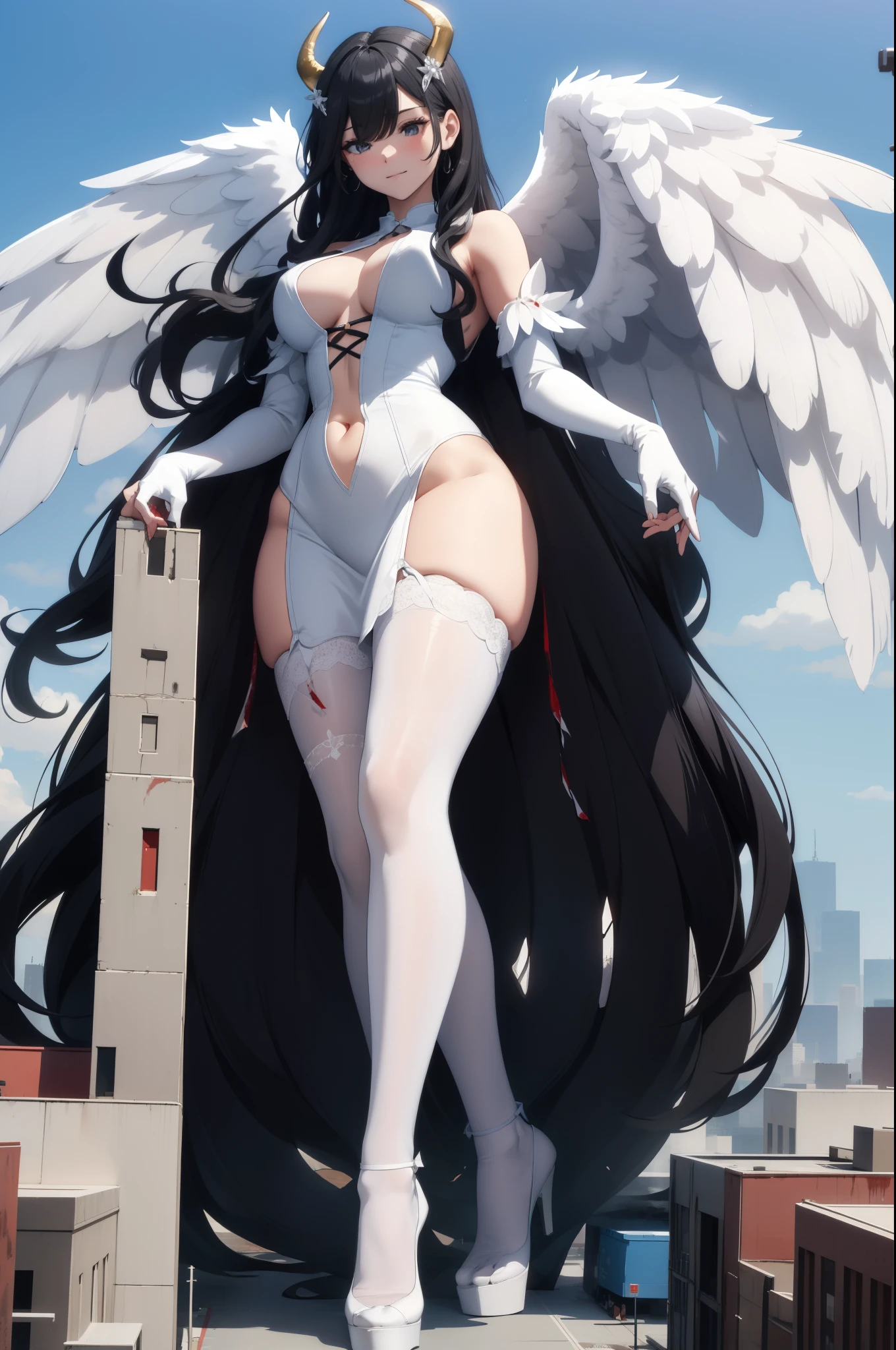 Aerial View,giant girl 50,000 feet high,Weighs 1000kg,Have a pair of long legs,Has a pair of huge angel wings,With huge devil horns on his head,Has waist-length black hair,loose hair,Big wavy black curls,Wearing a pair of white Mary Jane high heels,White lace gloves,White lace pantyhose,白色蕾丝whole body,Standing upright on a city,城市到处是blood stains,Beautiful appearance,Exquisite makeup,quality,8k,高quality,Perfect proportion, Cinema lighting,film grain,Fuji colors,8k,textured skin,Super details,high detail,high resolution,explode,fake smile,blood stains,脚底有blood stains,whole body,Fat stature,feather