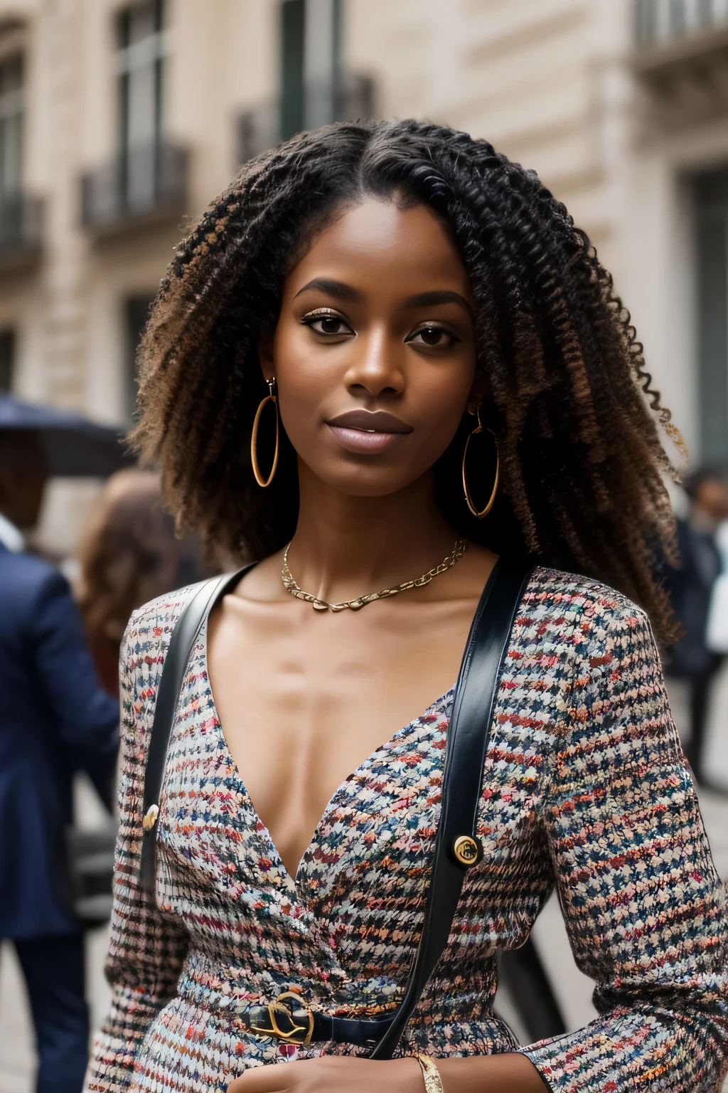 beautiful african woman long hair, , Wearing the Chanel 2023 summer collection , Milan Fashion Week,, olhando para camera, Diferentes poses, street style