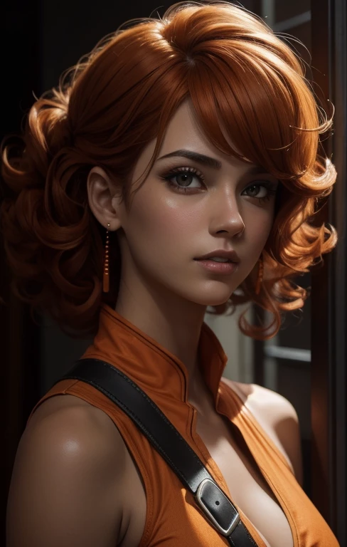 a girl with curly orange hair (in an orange costume), dim lights, lots of detail, close-up, excessive detail, Greg Rutkowski style
