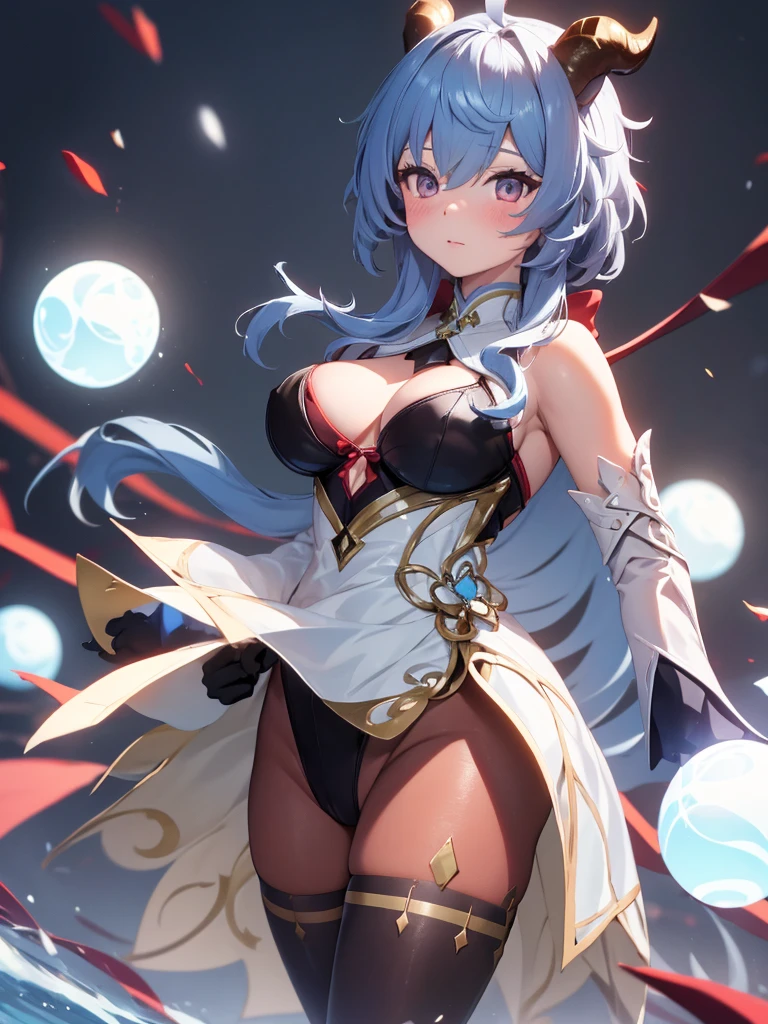 High resolution, Shadow, disorganized, Highest_quality, ultra_be familiar with, 8K, very_clear, photograph, beautiful, beautiful face, sharp focus, HDR, 1 girl, pretty eyes, I opened my eyes,background big snowflake, snowballs fall, beautiful face, small bulging  (small firm  that bulge, very red , Are standing ,very  pose, 水色のvery長い髪, so young, red goat horns, Black Wedding Dresses, ponytail