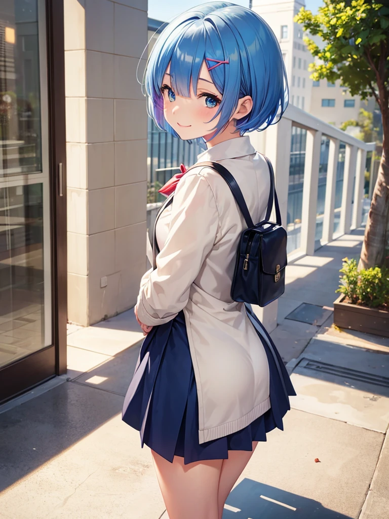 masterpiece, best quality, ultra-detailed, 1girl, rem, re zero, Blue hair, Short hair, beige school uniform, white jacket, look at viewer, short hair, full body, from behind, scal smile, more_details:-1, more_details:0, more_details:0.5, more_details:1, more_details:1.5, Apple_butt, big_ass