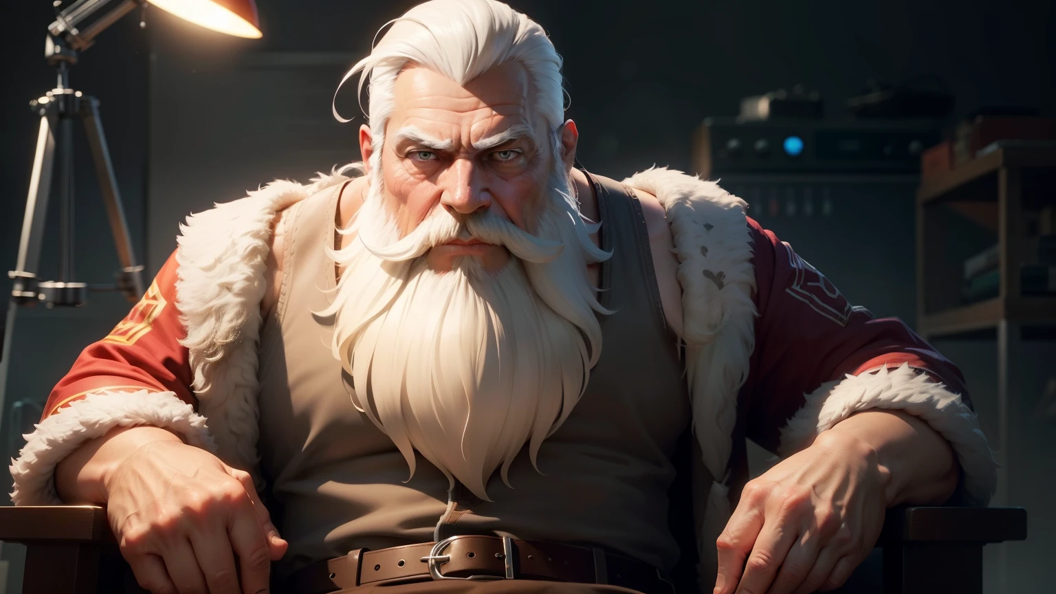 create a character who looks a little old, with some hair and a white beard, make him sit in a studio, he can't be too flashy