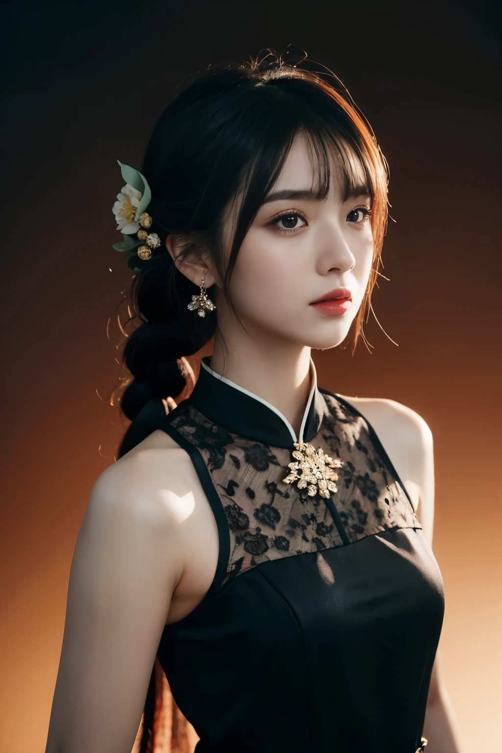 vibrant colors, female, masterpiece, sharp focus, best quality, depth of field, cinematic lighting, white hair, red eyes, braid, dress, long hair, red eyes, tattoo, earrings, jewelry, black dress, hair ornament, bangs, chinese clothes, breasts, china dress, sleeveless, 