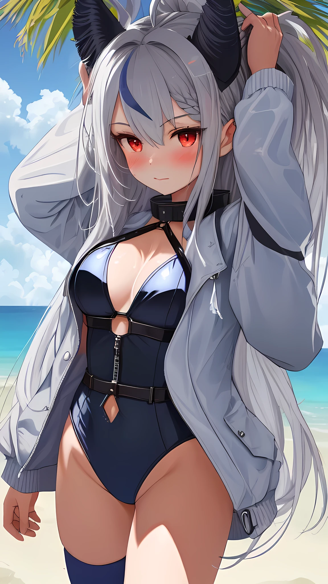 (((Masterpiece portrait))), (((Super detailed))), ((1 girl)), wolf girl, white hair, long hair, ((hair accessories)), collar, ((Blue wolf ears)), (red eyes),medium breasts, (1 wolf tail), ((White see-through jacket)), one-piece swimsuit, Raise your legs high, beach, Sky and clouds, wind, 微wind, ((Beautiful and delicate fabric)), depth of field, Astonishing, beach, Palm tree, Throw, blush, whole body, wet, ((incoming hug))