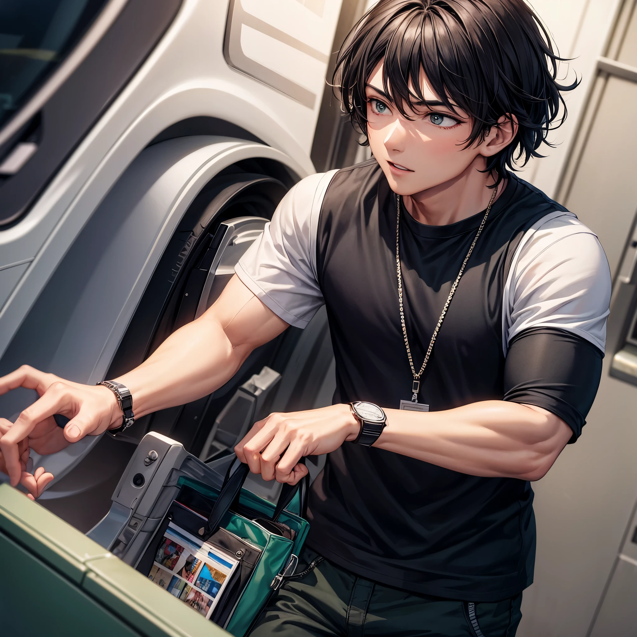 Handsome boy medium sized hair black t shirt black pant wearing green watch