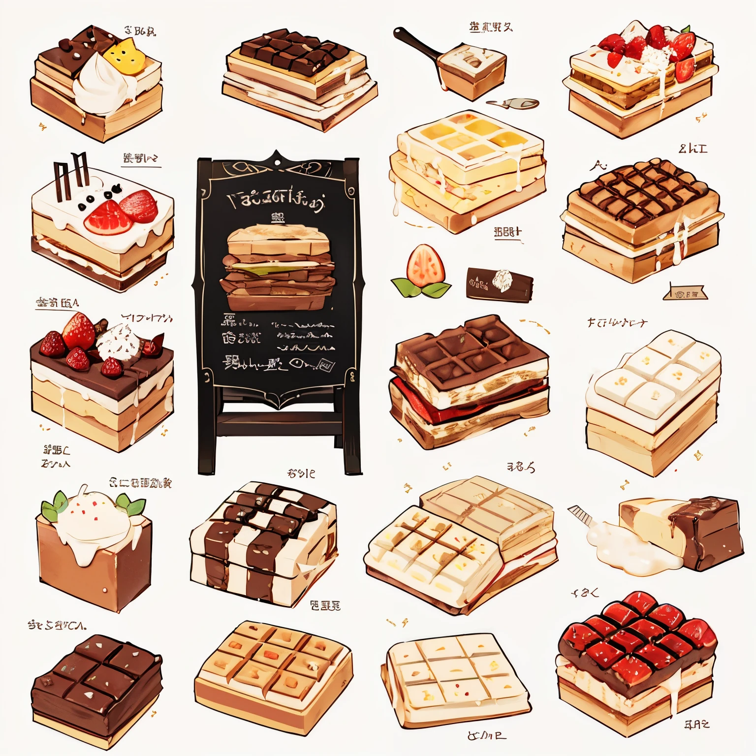 many,[Waffles,Tosts,Cake,ฺBread,ฆmall drinks],many styles,fruity ,sticke r,more toppings,colorful,full view,clear background, piece by piece , icon , pattern , more details