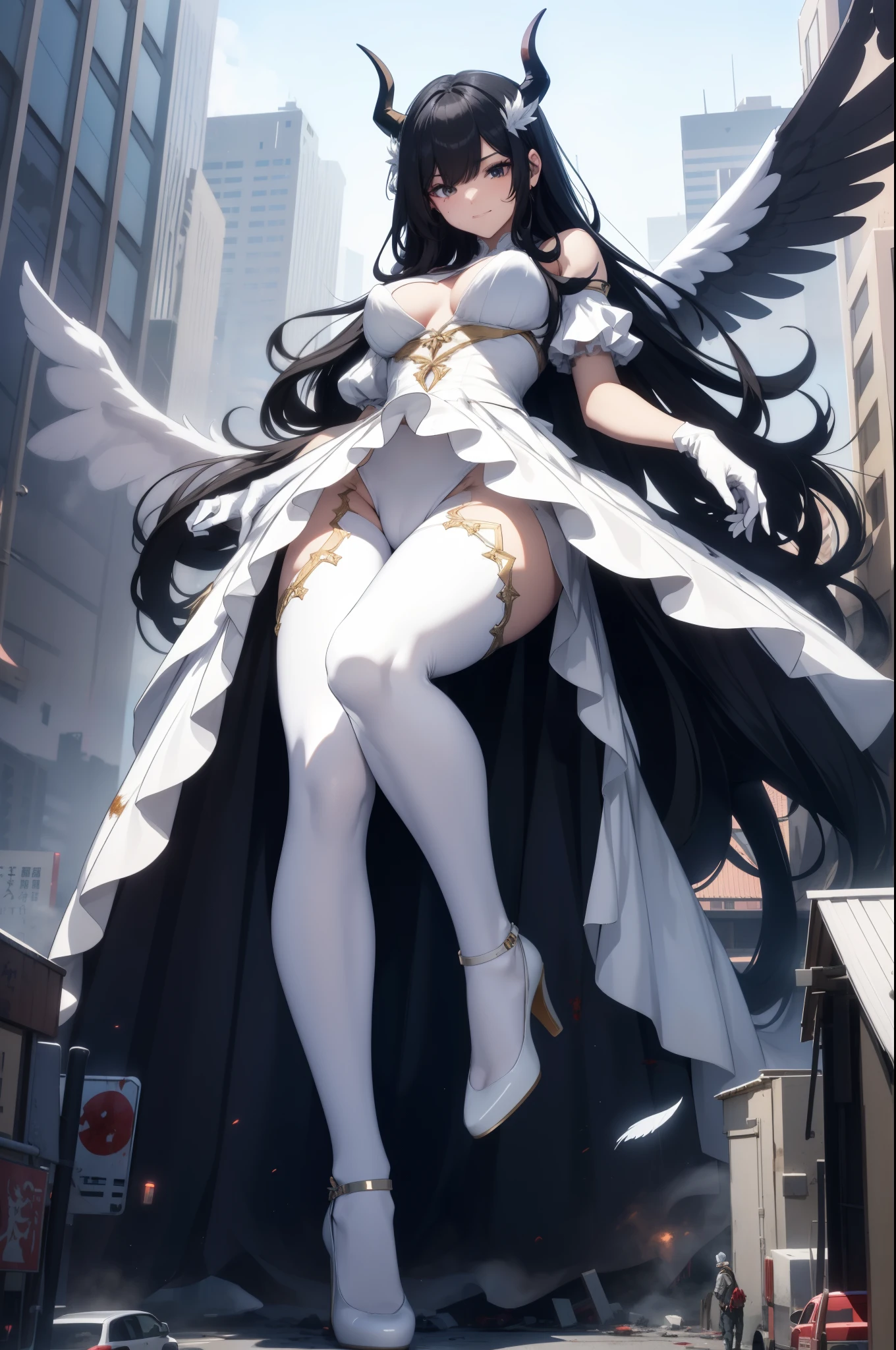 Aerial View,giant girl 50,000 feet high,Weighs 1000kg,Have a pair of long legs,Has a pair of huge angel wings,With huge devil horns on his head,Has waist-length black hair,loose hair,Big wavy black curls,White lace gloves,White lace pantyhose,Wearing a pair of white Mary Jane high heels,白色蕾丝whole body,Standing upright on a city,城市到处是blood stains,Beautiful appearance,Exquisite makeup,quality,8k,高quality,Perfect proportion, Cinema lighting,film grain,Fuji colors,8k,textured skin,Super details,high detail,high resolution,explode,fake smile,blood stains,脚底有blood stains,whole body,Fat stature,feather