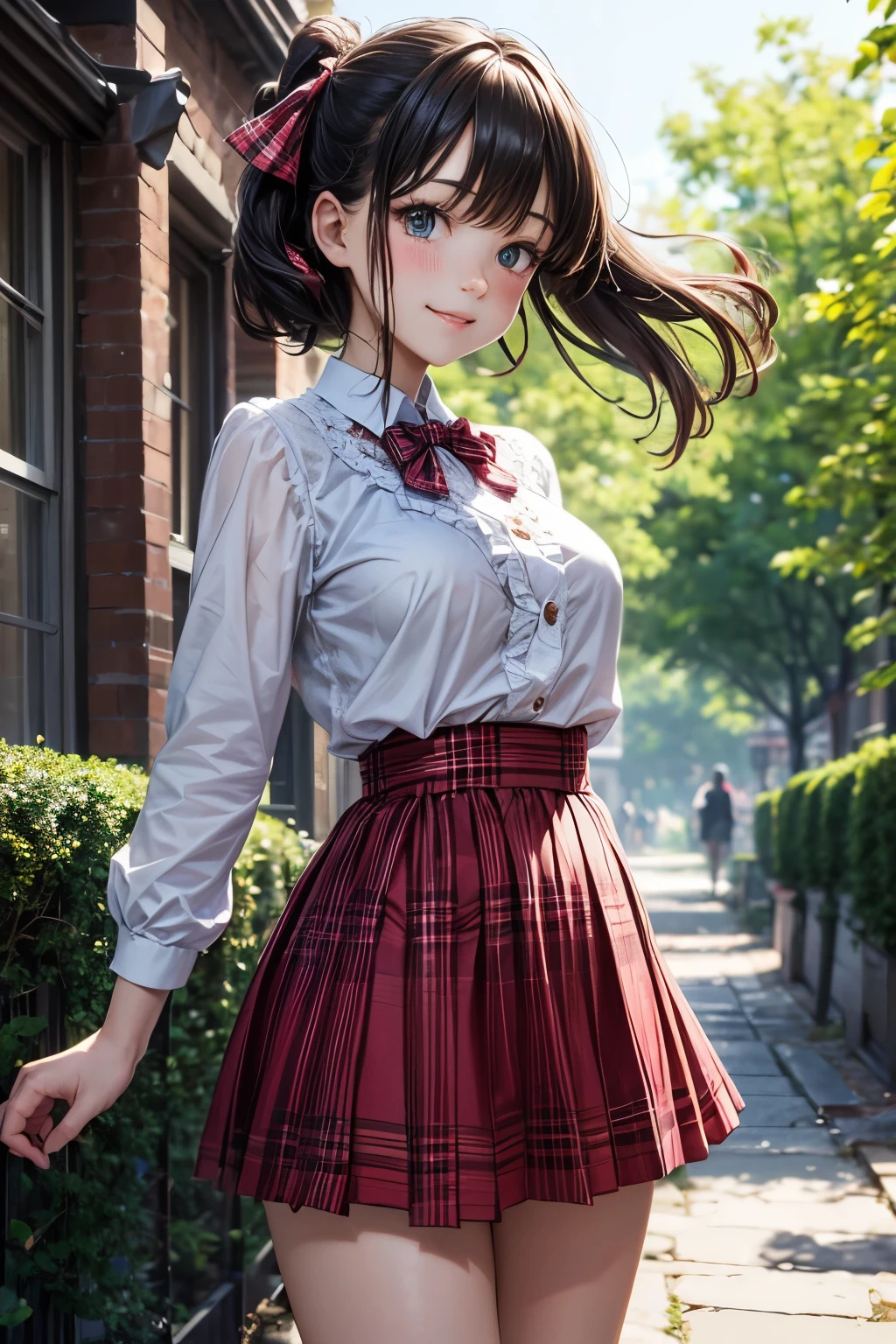 very cute and beautiful girl,(highly detailed beautiful face and eyes:1.2),(smile),blush,cowboy shot, (white blouse with detailed frills),long sleeve BREAK standing,skirt lift,white panties, dynamic angle,hair ribbon,black hair,hime cut,(scarlet plaid mini skirt) BREAK flower garden,stone pathway,distant trees,detailed background, (best quality,masterpiece:1.2),(intricate details),extremely detailed,ultra-detailed,highres,solo, cinematic scene,hair fluttering in the wind,