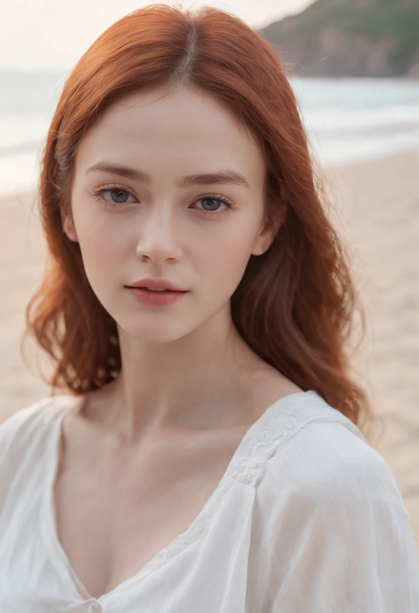 beautiful red hair girl, Norwegian beauty、(masterpiece, highest quality, High resolution:1.4), 1 girl, Angel, Texture of skin pores, red hair, HD , photograph, movie, movie的な, whole body, realistic, (8K, RAWphotograph, highest quality, masterpiece:1.2), (realistic, photo-realistic:1.33), highest quality, Detailed eyes are hazel, cute, adorable,Natural light, Depth of bounds written, film grain, wrinkled skin, sharp, detailed and realistic portrait of a woman ,(freckles:0.5) , outside, wearing a white T-shirt, stare at the camera, chapped lips, soft Natural light, ポートレートphotograph, 魔法のphotograph撮影, dramatic lighting, photorealism, super detailed, intimate portrait composition, Leica 50mm,white sarouel pants、14 year old girl standing on the sandy beach、white clothes、brown leather sandals、