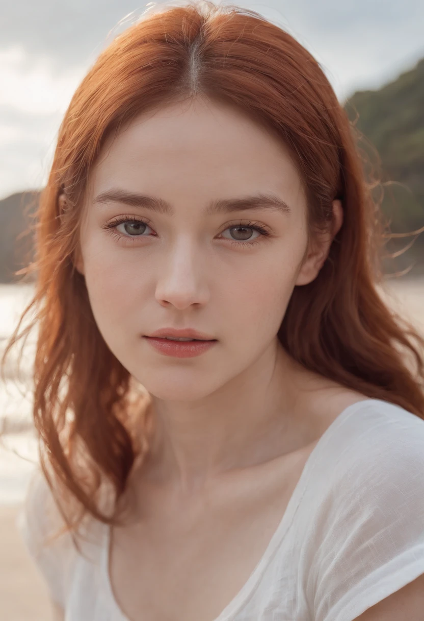 beautiful red hair girl, Norwegian beauty、(masterpiece, highest quality, High resolution:1.4), 1 girl, Angel, Texture of skin pores, red hair, HD , photograph, movie, movie的な, whole body, realistic, (8K, RAWphotograph, highest quality, masterpiece:1.2), (realistic, photo-realistic:1.33), highest quality, Detailed eyes are hazel, cute, adorable,Natural light, Depth of bounds written, film grain, wrinkled skin, sharp, detailed and realistic portrait of a woman ,(freckles:0.5) , outside, wearing a white T-shirt, stare at the camera, chapped lips, soft Natural light, ポートレートphotograph, 魔法のphotograph撮影, dramatic lighting, photorealism, super detailed, intimate portrait composition, Leica 50mm,white sarouel pants、14 year old girl standing on the sandy beach、white clothes、brown leather sandals、