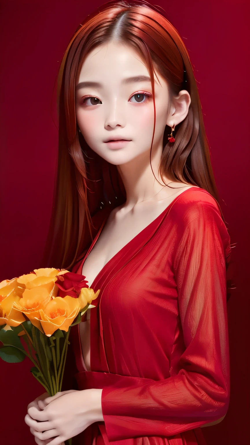 girl in a red suit with a bouquet of flowers, 豊かなred color,unparalleled beauty,Extremely cute, detailed eyes、anatomy,all red, fine art fashion photography, 鮮やかなred color, red adornments, Shades of red, red rose, red color,, red accent, Red clothes, Very red, red color調, celestial red flowers vibe, Red clothesを着て、highest quality、Highest image quality、master piece:1.3、Portrait、８k、perfect lighting、professional photographer、