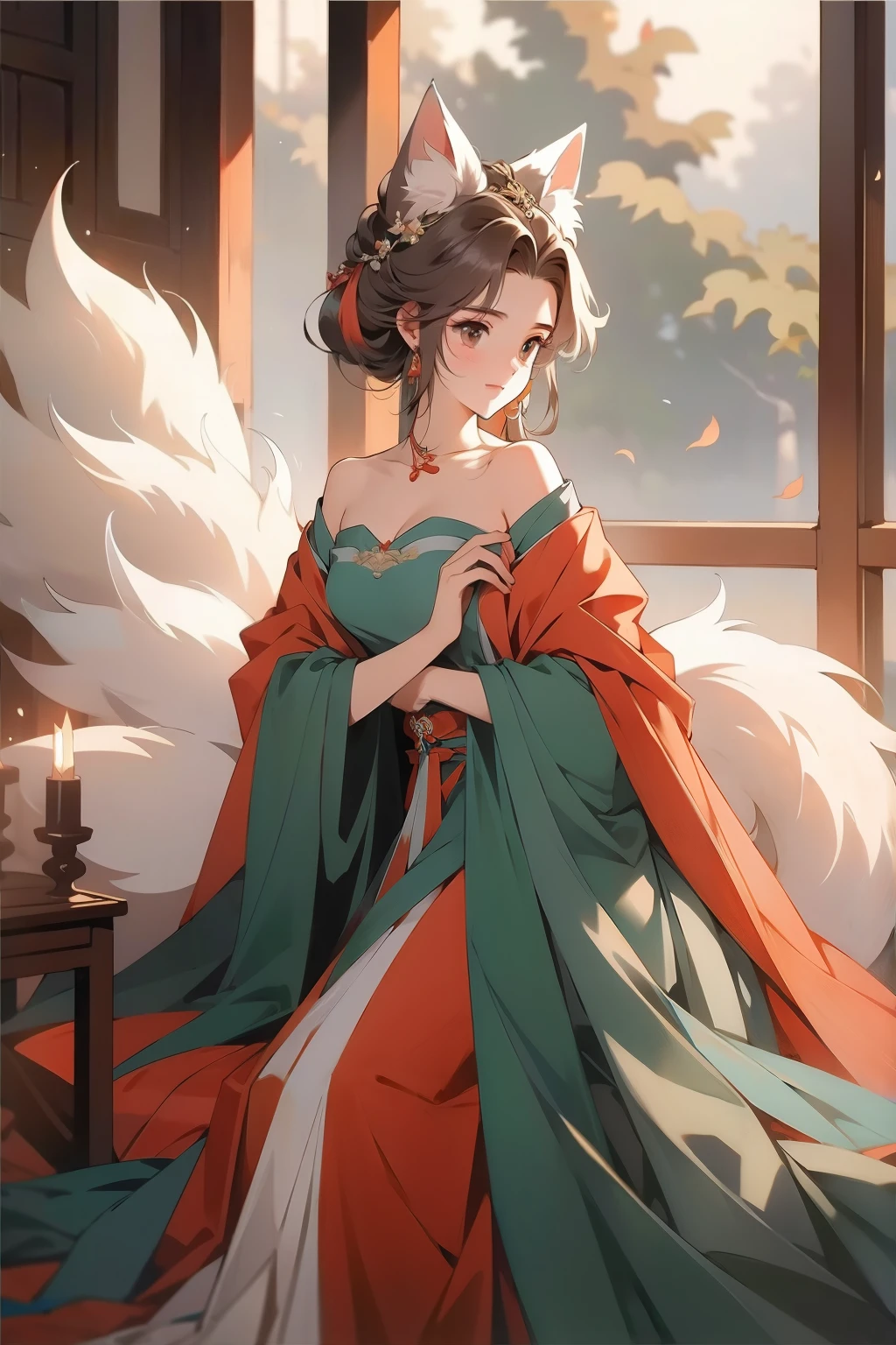 (masterpiece), (best quality), 1girl, girl with fox ears, dudou, Hanfu, a nine-tail fox, off shoulder