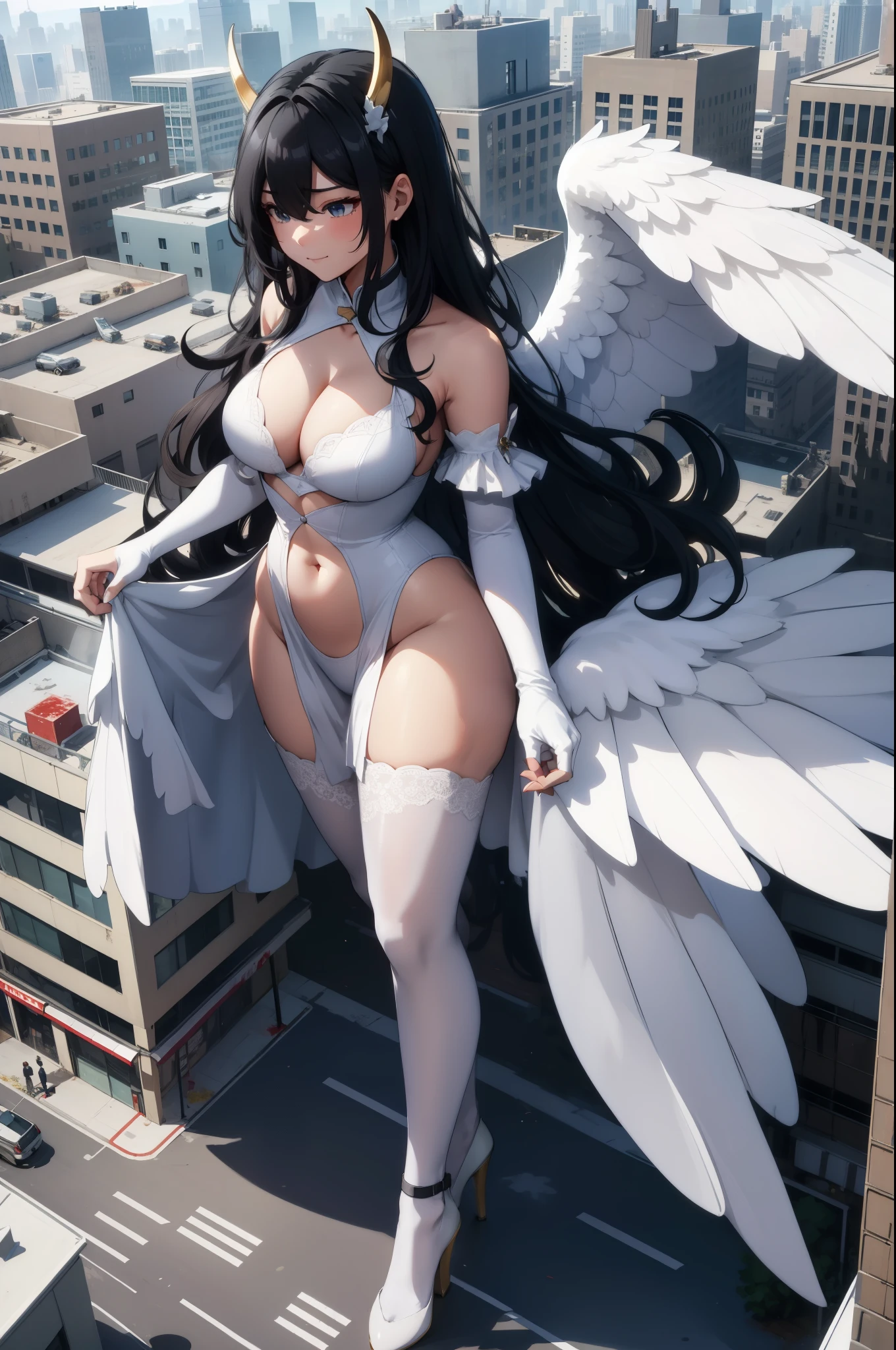 Aerial View，giant girl 50,000 feet high，Weight 1000kg，Have a pair of long legs，Has a pair of huge angel wings，With huge devil horns on his head，Has waist-length black hair，loose hair，Big black wavy curls，Wearing a pair of white Mary Jane high heels，White lace gloves，White lace pantyhose，白色蕾丝whole body，Standing tall on a city，城市到处是blood stains，Beautiful appearance，Exquisite makeup，quality，8k，高quality，Perfect proportion, Cinema lighting，film grain，Fuji colors，8k，textured skin，Super details，high detail，high resolution，explode，fake smile，blood stains，脚底有blood stains，whole body，Obese，feather