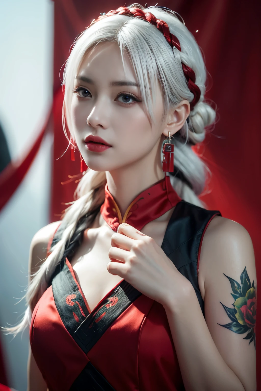 vibrant colors, female, masterpiece, sharp focus, best quality, depth of field, cinematic lighting, white hair, red eyes, braid, dress, long hair, red eyes, tattoo, earrings, jewelry, black dress, hair ornament, bangs, chinese clothes, breasts, china dress, sleeveless, 