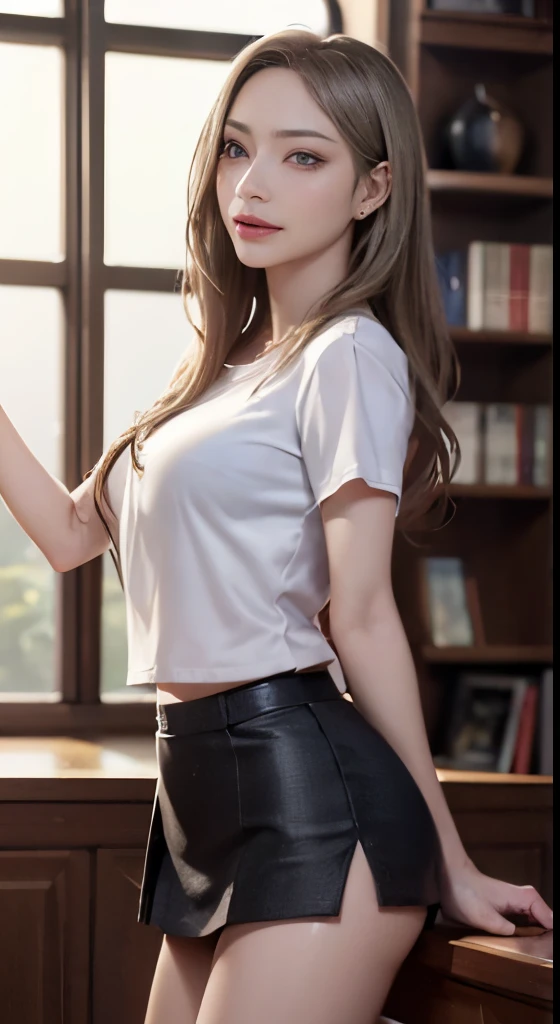 ulzzang -6500-v1.1,(Raw photo:1.2), (Photorealistic:1.4), Beautiful detailed girl, Very detailed eyes and face, Beautiful detailed eyes, Ridiculous, Incredibly ridiculous, Huge file size, super detailed, High resolution, Very detailed, Best Quality, masutepiece,((Enough 2 books))、((Two hands)) 、、((T-shirt)), Illustration, Very detailed, nffsw, unified, 8K Wallpaper, amazing, Fine details, masutepiece, Best Quality, Highly detailed ticker unification 8k wallpaper, Face Light, Movie Lighting, 1girl in, 16 years old, long white hair, side split, (Big breasts), ()), (with glasses), (Dynamic Pose), (Sexy Pose), ((Camel toe))), (half), ((pantyhose)), ((Black hip skirt)), （(Bent knees)）