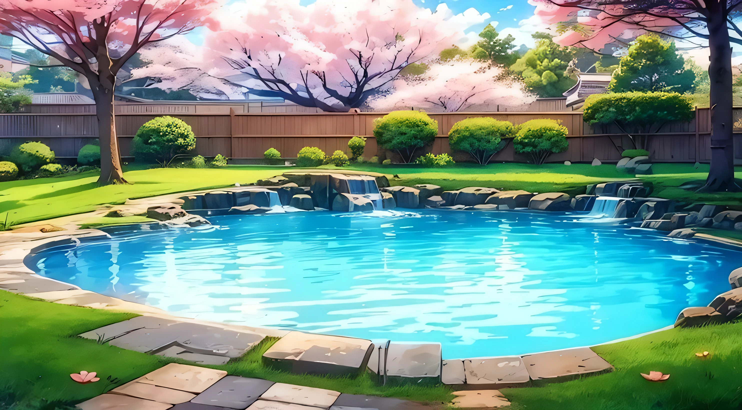 onsen thub, (pool close-up), cherry blossoms reflected in the water, providing a romantic picturesque scene in the spring