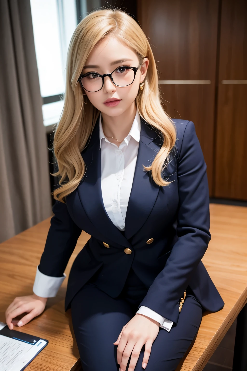 (8K, top-quality, masterpiece: 1.2), (realistic, Photorealistic: 1.2), Intelligent secretary with a curvaceous figure, wearing a well-tailored business suit, (Busty: 1.5), (Elegant posture: 1.3), Sitting at a desk, (Beautifully detailed eyes: 1.5), (Blonde hair: 1), (Long hair: 1.1), Wearing glasses with a professional look, Her suit jacket open slightly, revealing a hint of cleavage, (Polished shoes: 1.1), (Detailed suit fabric: 1.