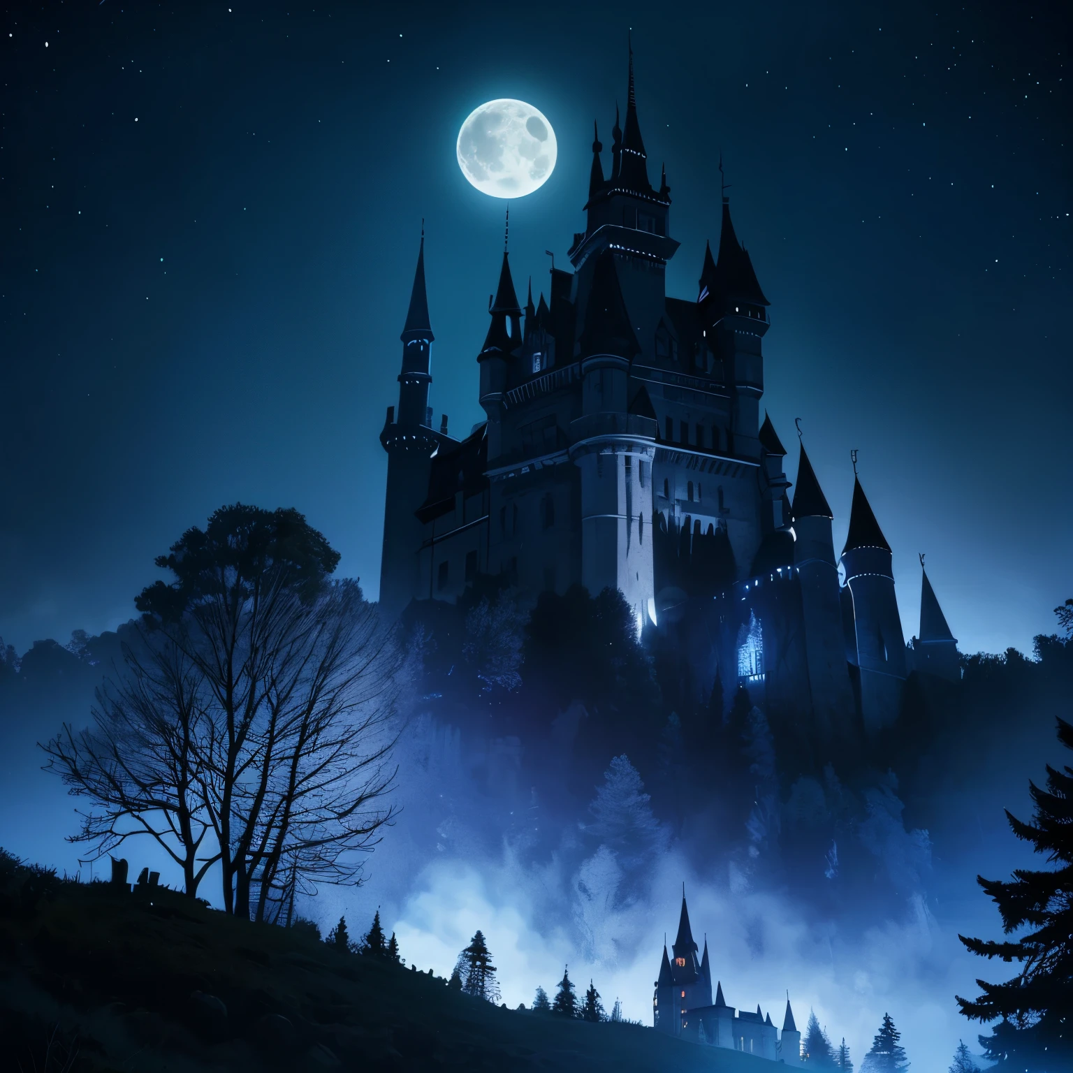 Floresta sombria de guerra a noite, with dracula&#39;s castle and full moon. Dark, bluish lighting. View of the distant scenery.