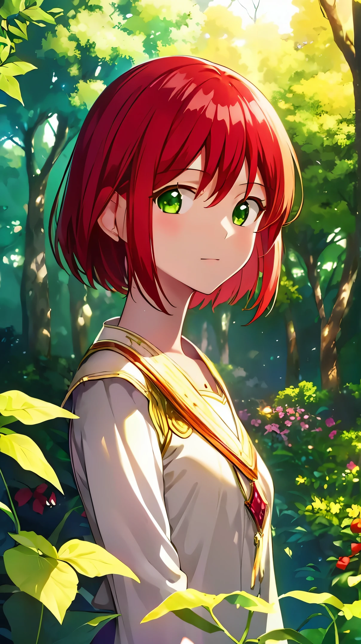 masterpiece, best quality, illustration, 1girl, solo, looking at viewer, , , , , shirayuki-hime, red hair, green eyes, , An enchanted forest where magical creatures and plants abound, High resolution