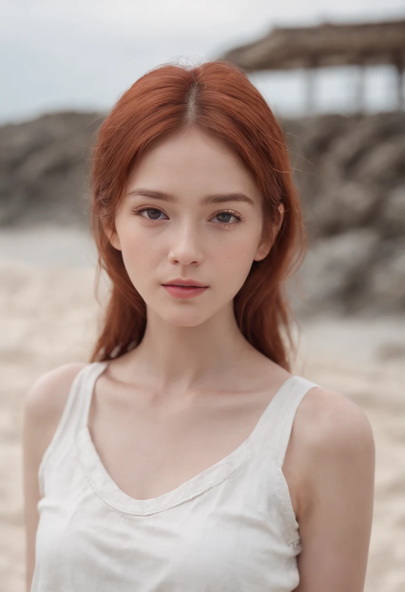 beautiful red hair girl, Norwegian beauty、(masterpiece, highest quality, High resolution:1.4), 1 girl, Texture of skin pores, red hair, HD , photograph, movie, movie的な, whole body, realistic, (8K, RAWphotograph, highest quality, masterpiece:1.2), (realistic, photo-realistic:1.33), highest quality, Detailed eyes are hazel, cute, adorable,Natural light, Depth of bounds written, film grain, wrinkled skin, sharp, detailed and realistic portrait of a woman ,(freckles:0.5) , outside, wearing a white T-shirt, stare at the camera, chapped lips, soft Natural light, ポートレートphotograph, 魔法のphotograph撮影, dramatic lighting, photorealism, super detailed, intimate portrait composition, Leica 50mm,white sarouel pants、14 year old girl standing on the sandy beach、white clothes、brown leather sandals、Red-haired ponytail