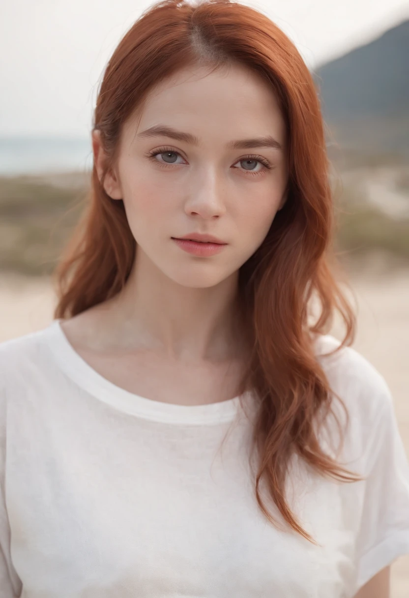 beautiful red hair girl, Norwegian beauty、(masterpiece, highest quality, High resolution:1.4), 1 girl, Texture of skin pores, red hair, HD , photograph, movie, movie的な, whole body, realistic, (8K, RAWphotograph, highest quality, masterpiece:1.2), (realistic, photo-realistic:1.33), highest quality, Detailed eyes are hazel, cute, adorable,Natural light, Depth of bounds written, film grain, wrinkled skin, sharp, detailed and realistic portrait of a woman ,(freckles:0.5) , outside, wearing a white T-shirt, stare at the camera, chapped lips, soft Natural light, ポートレートphotograph, 魔法のphotograph撮影, dramatic lighting, photorealism, super detailed, intimate portrait composition, Leica 50mm,white sarouel pants、14 year old girl standing on the sandy beach、white clothes、brown leather sandals、Red-haired ponytail