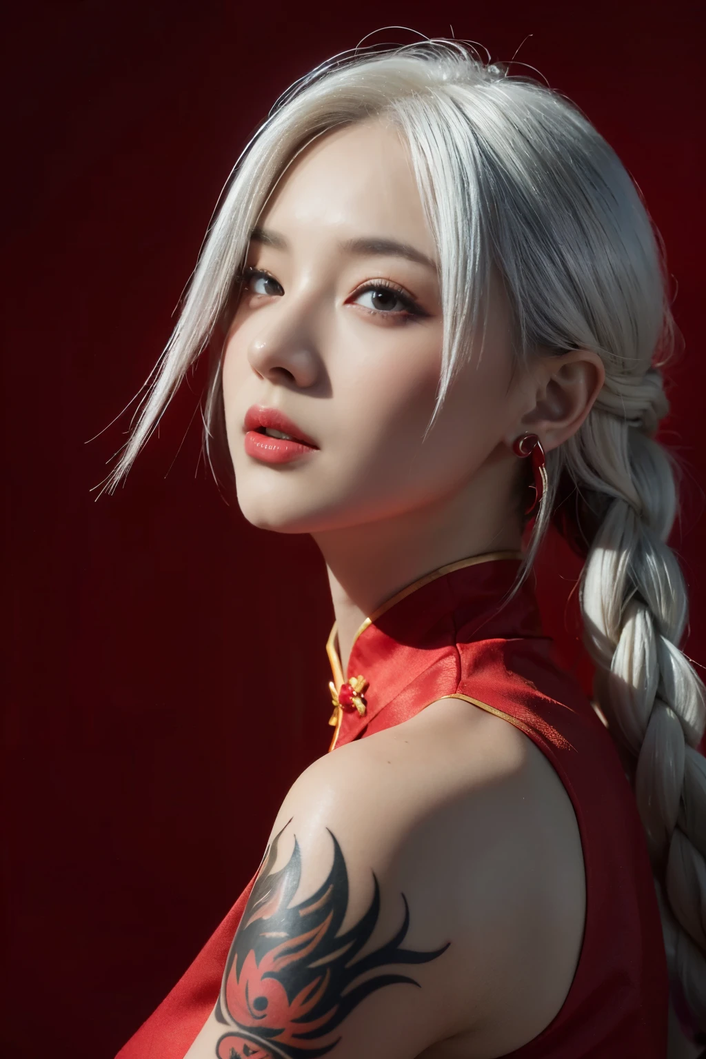 vibrant colors, female, masterpiece, sharp focus, best quality, depth of field, cinematic lighting, white hair, red eyes, braid, dress, long hair, red eyes, tattoo, earrings, jewelry, black dress, hair ornament, bangs, chinese clothes, breasts, china dress, sleeveless, 