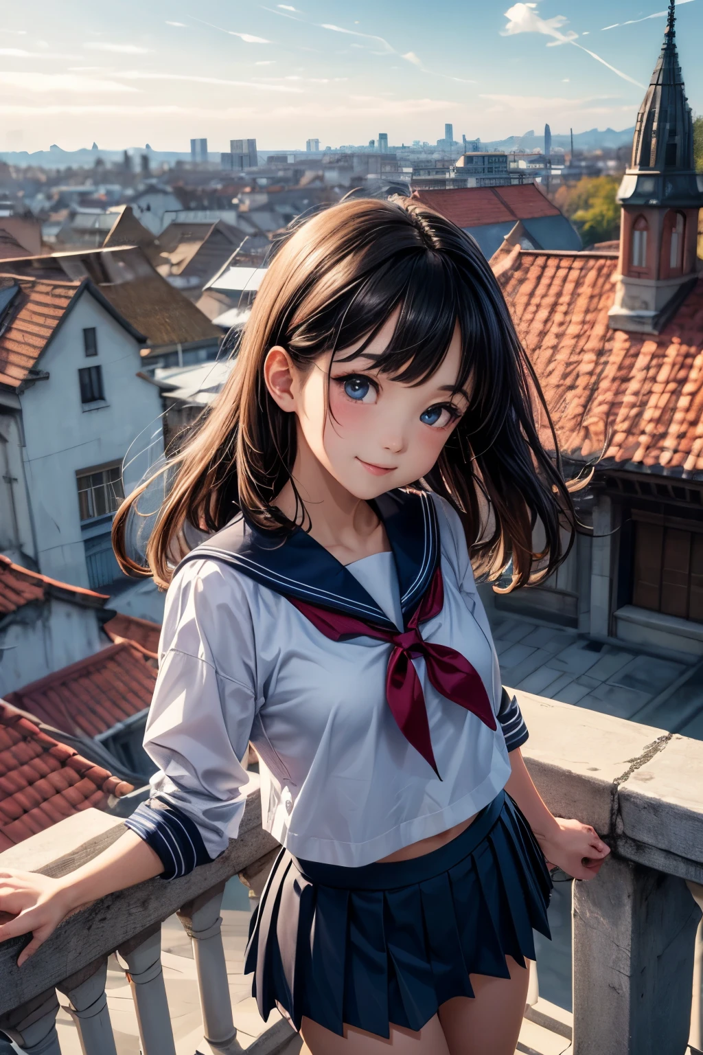 very cute and beautiful girl,(highly detailed beautiful face),(smile:1.2),blush,black hair,twin braid, standing,serafuku,pleated navy blue mini skirt,skirt lift,white panties, summer,school rooftop,building,chain-link fence, (best quality,masterpiece:1.0),absurdres,highres,ultra-detailed,extremely detailed,32k,8k resolution, intricate details,cinematic scene,detailed background,solo,dynamic angle,