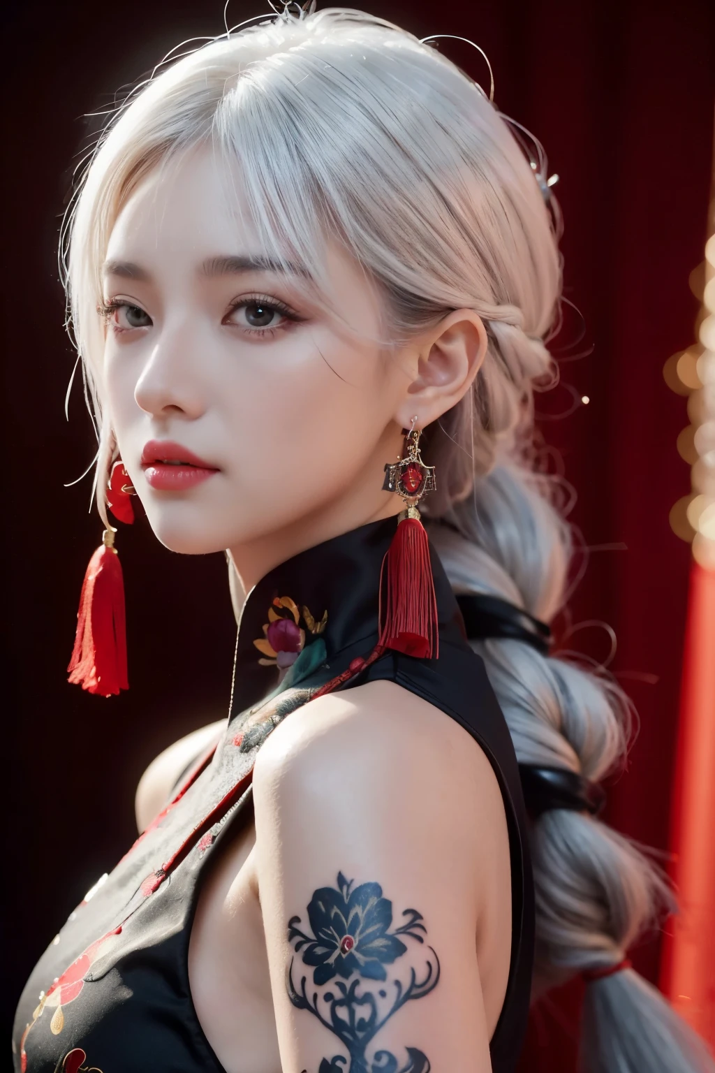 vibrant colors, female, masterpiece, sharp focus, best quality, depth of field, cinematic lighting, white hair, red eyes, braid, dress, long hair, red eyes, tattoo, earrings, jewelry, black dress, hair ornament, bangs, chinese clothes, breasts, china dress, sleeveless, 