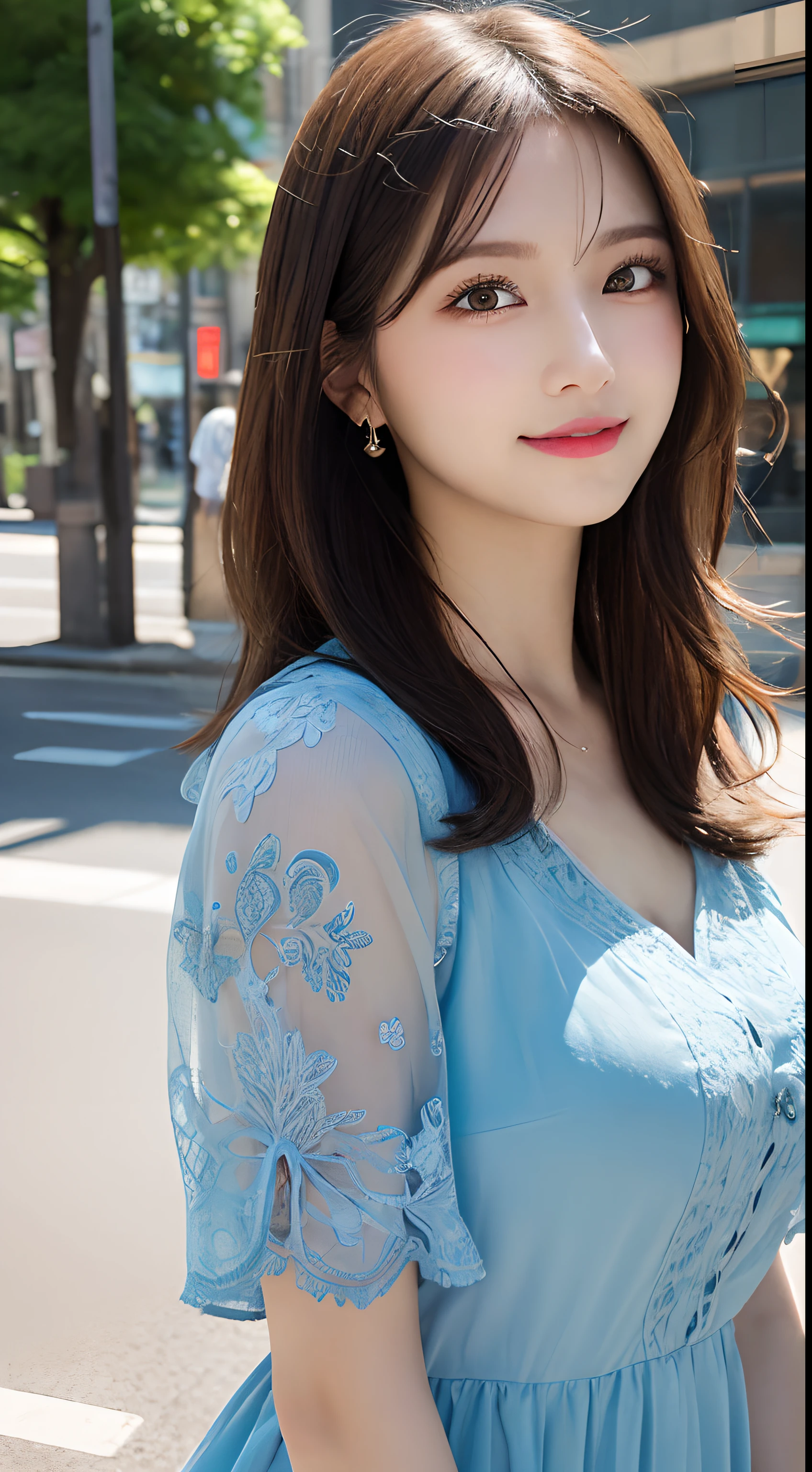 masutepiece, Best Quality, Illustration, Ultra-detailed, finely detail, hight resolution, 8K Wallpaper, Perfect dynamic composition, Beautiful detailed eyes, summer dress,Medium Hair, Natural Color Lip, Random and sexy poses,Smile,Aoyama Street Walk、20 years girl