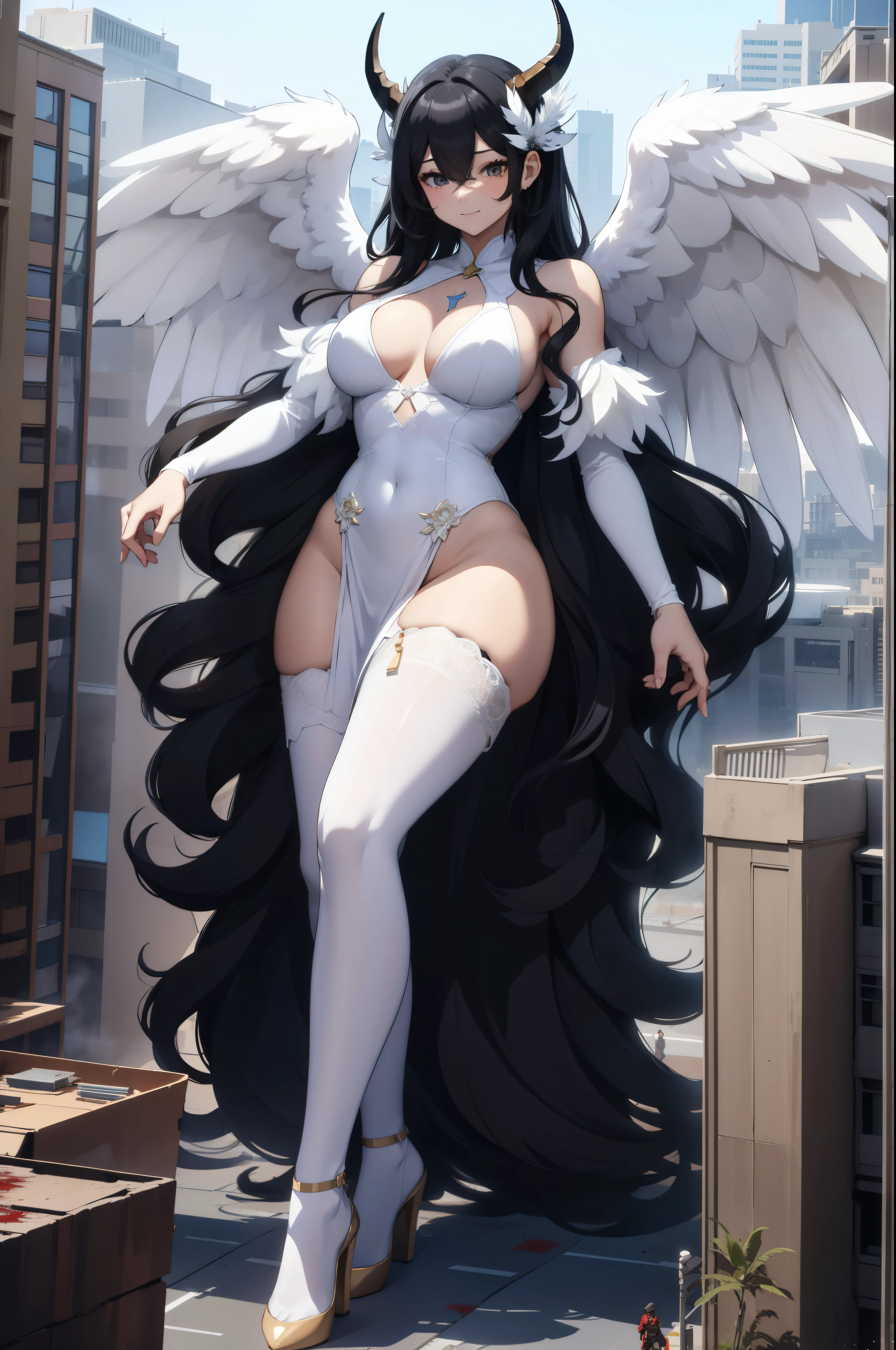 Aerial View,giant girl 50,000 feet high,Weight 1000kg,Have a pair of long legs,Has a pair of huge angel wings,With huge devil horns on his head,Has waist-length black hair,loose hair,Big black wavy curls,Wearing a pair of white Mary Jane high heels,White lace gloves,White lace pantyhose,白色蕾丝whole body,standing above a city,城市到处是blood stains,Beautiful appearance,Exquisite makeup,quality,8k,高quality,Perfect proportion, Cinema lighting,film grain,Fuji colors,8k,textured skin,Super details,high detail,high resolution,explode,fake smile,blood stains,脚底有blood stains,whole body,fat,feather