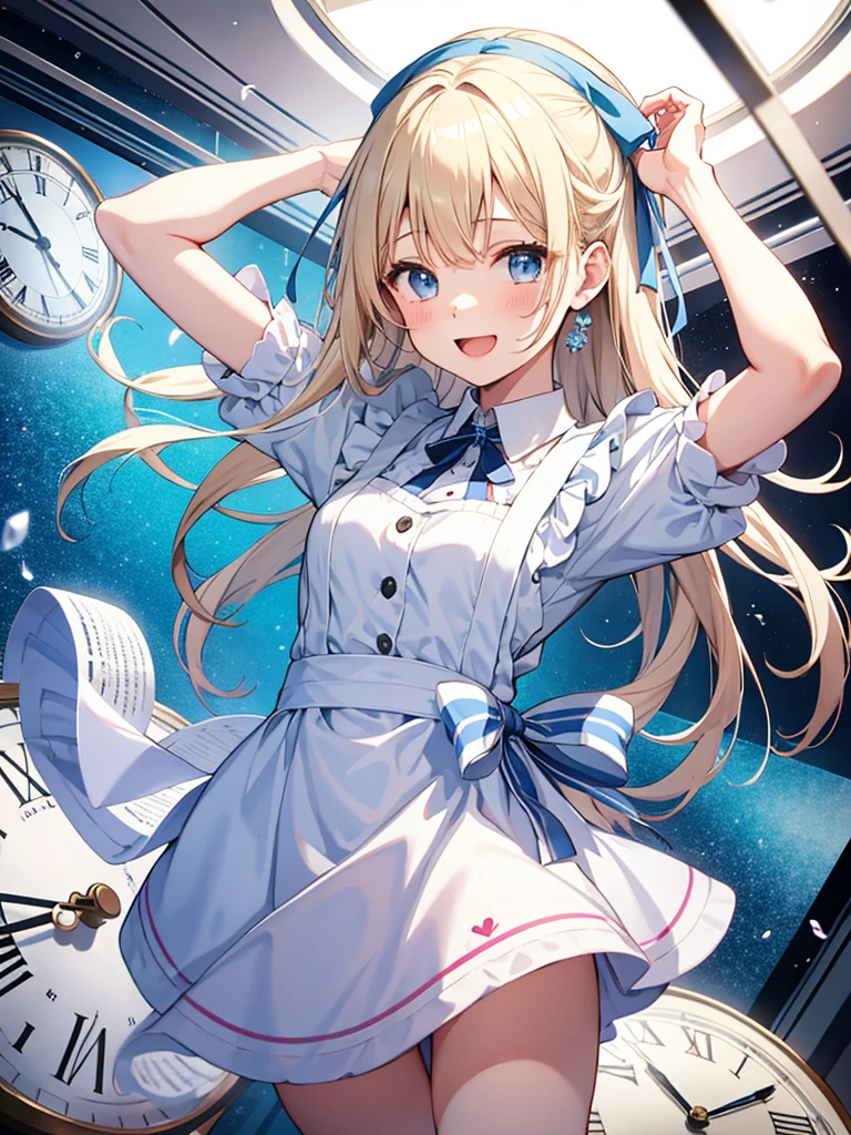1 girl、laughter、light blue dress、white apron、blonde hair、ribbon、clock、wonderland、(small breasts)、movement、