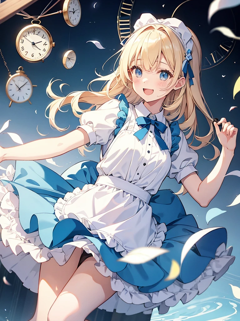 1 girl、laughter、light blue dress、white apron、blonde hair、ribbon、clock、wonderland、（small breasts）、movement、