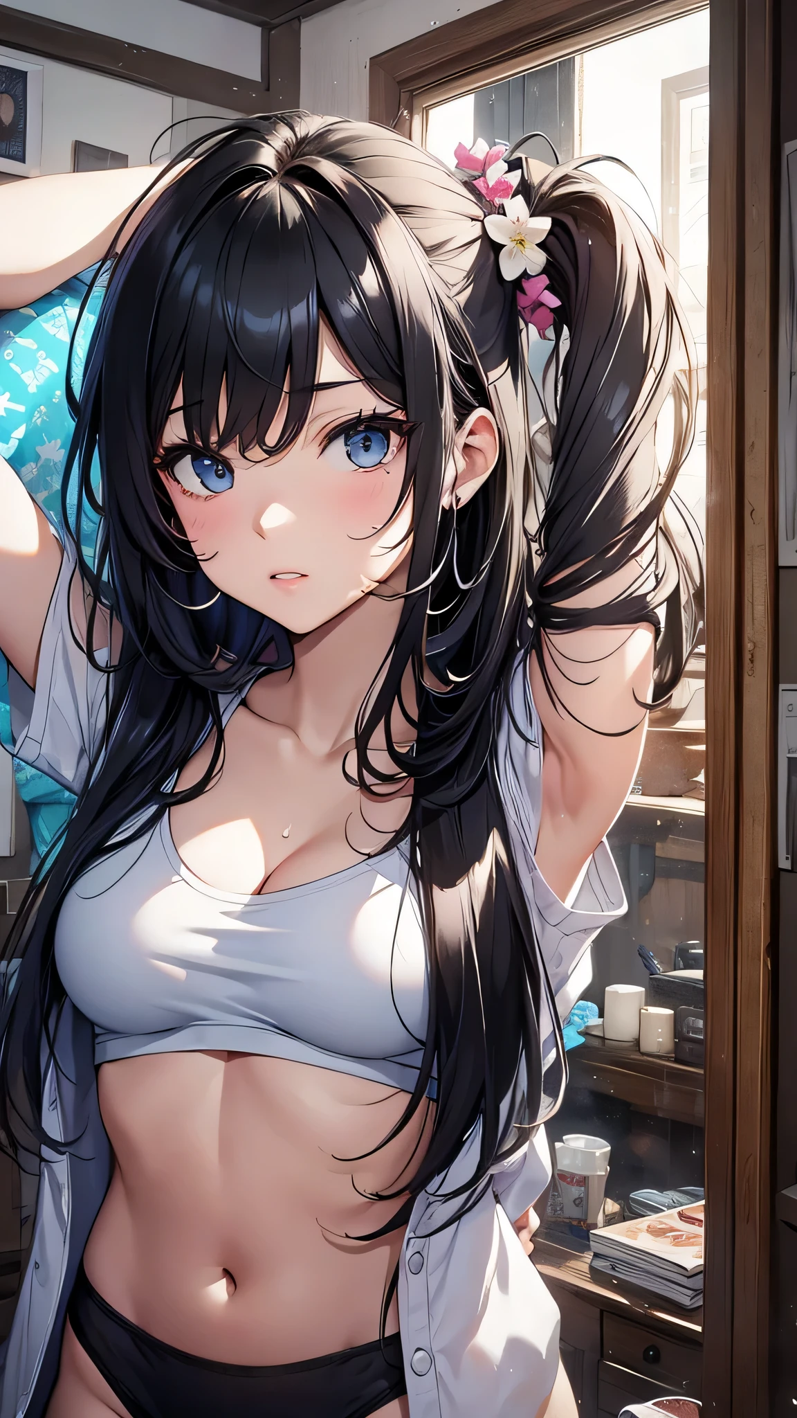 best quality, very aesthetic, absurdres, (1girl, aris, blue archive, solo, blue eyes, black hair, side ponytail), (artist official art:1.3), (realistic face:0.5), (), (open shirt:2), (cowboy shot), (), (glowing eyes:1.1), nsfw, (half closed eyes:0.9), (thigh), expressive eyes, perfect face, 4k, extremely detailed anime illustration, extremely detailed eyes, enhanced details, perfect anatomy, light rays, (gray background:1.5), clear eyes, beautiful face, small breasts, (Chiaroscuro:1.5), (highres:2), undressing