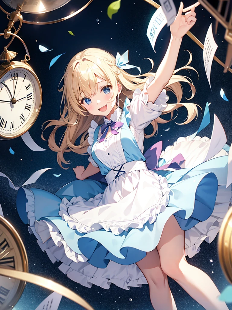 1 girl、laughter、light blue dress、white apron、blonde hair、ribbon、clock、wonderland、（small breasts）、movement、