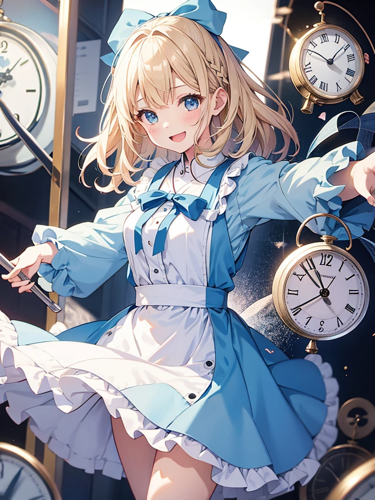 1 girl、laughter、light blue dress、white apron、blonde hair、ribbon、clock、wonderland、(small breasts)、movement、