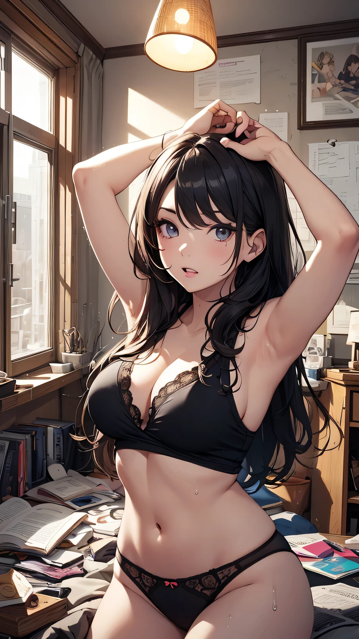 最high quality、best image quality、masterpiece、age girl((18-year-old、 By becoming、vest bust、medium bust,wide open brea、black eye, black hair、long hair、thin,highest valley、black underwear、tired face、Sweat、get up,raise your arms、yawn、Open Y-shirt)),high quality、beautiful art、background((messy room)),debris flies、Depth of written boundary、movie、visual art、perfect art、8K,genuine