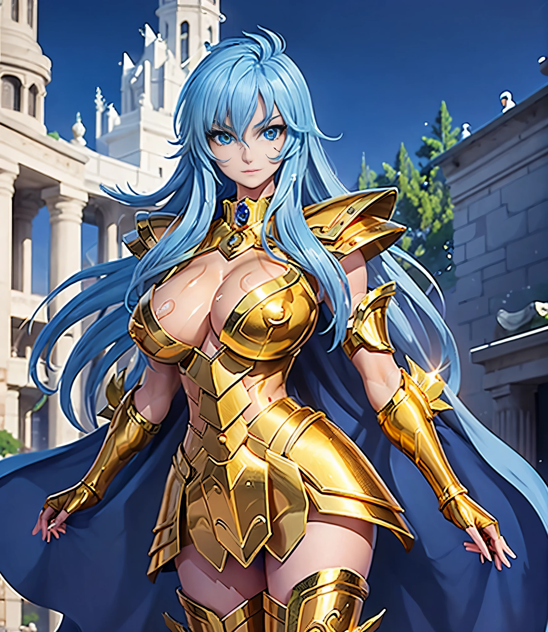 Plump breasts， Ultra-high saturation（tmasterpiece）， fully body photo，（best qualtiy）， （1girll），super wide shot， sface focus， Wearing gold Pisces armor， sexy armor，No underwear，Naked，Bling armor，Fine fine skin，Expose your chest，Expose the waistline，Exposing thighs，cool-pose， Saint Seiya Armor， messy  hair，highly detailed realistic photograph of, (((cellshading))), god light, super sharp focus, Ultra high quality, vibrant, (extremely giant breasts:1.7), (Bare breasts:1.4), shiny latex, , Long hair, (Shiny skin:1.4), shiny lip, Very big ass, Symmetrical detail face, shades, Sexy, Masterpiece，Ultra-high saturation，hight contrast，High-gloss armor，Smooth skin，Enchanted expression，sky-bluehair