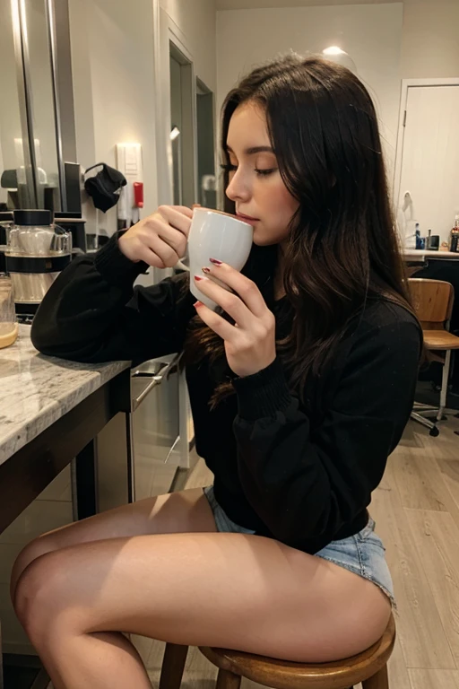brunette woman sitting drinking coffee