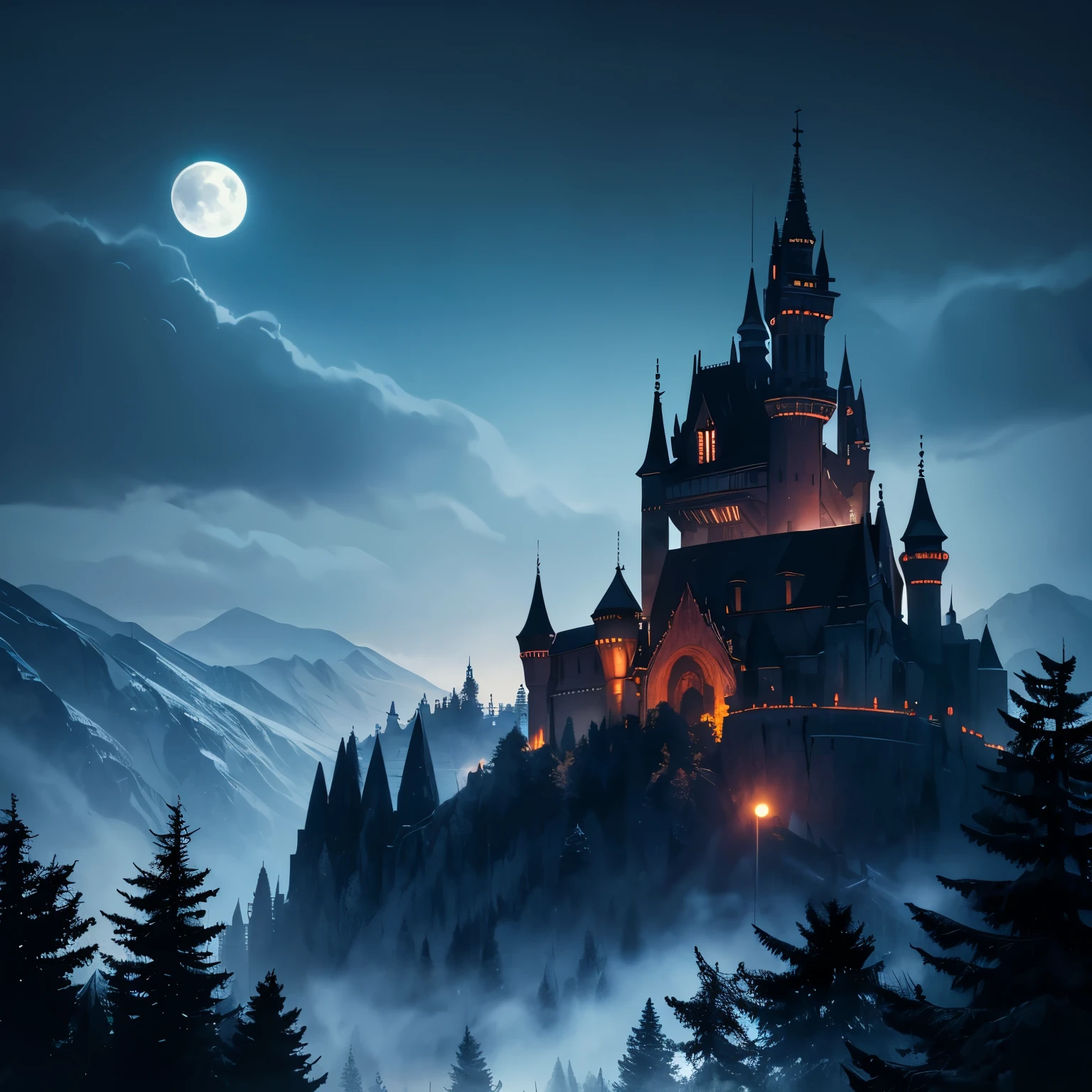 Emphasis on dark forest of war at night, with dracula&#39;s castle and distant full moon. Dark, bluish lighting. View of the very distant scenery.